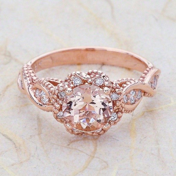 14K Vintage Rose Gold Engagement Ring Morganite - Deer Flower Shop