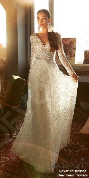 A line silhouette Angelina boho lace wedding dress with long sleeves