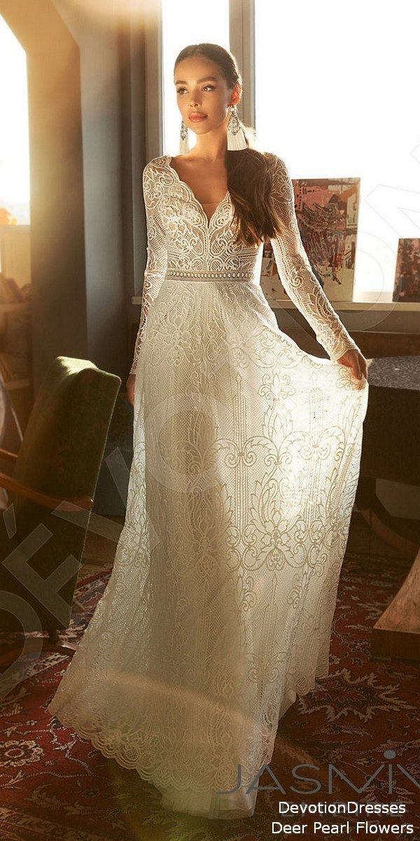 A line silhouette Angelina boho lace wedding dress with long sleeves