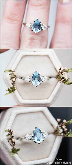 Aquamarine pear moissanite and 14k gold twig engagement ring