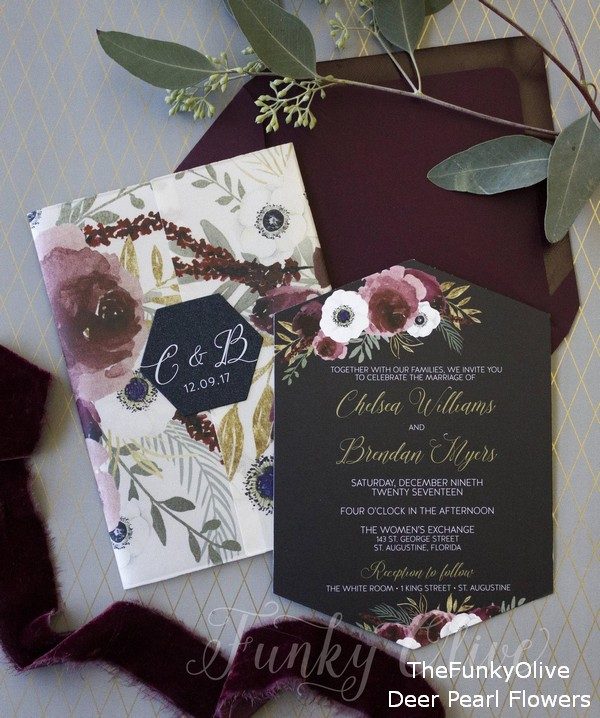 Burgundy & Navy Wedding Invitation Vellum Wrap Watercolor Flower Hexagon Die Cut Seal Bold