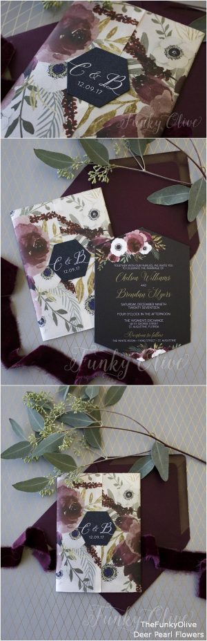 Burgundy & Navy Wedding Invitation Vellum Wrap Watercolor Flower Hexagon Die Cut Seal Bold