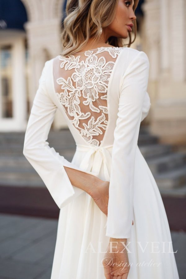 Extremely light and soft silk chiffon wedding dress with delicate French lace