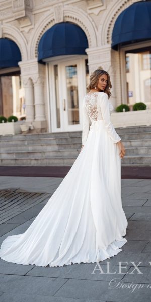 Extremely light and soft silk chiffon wedding dress with delicate French lace