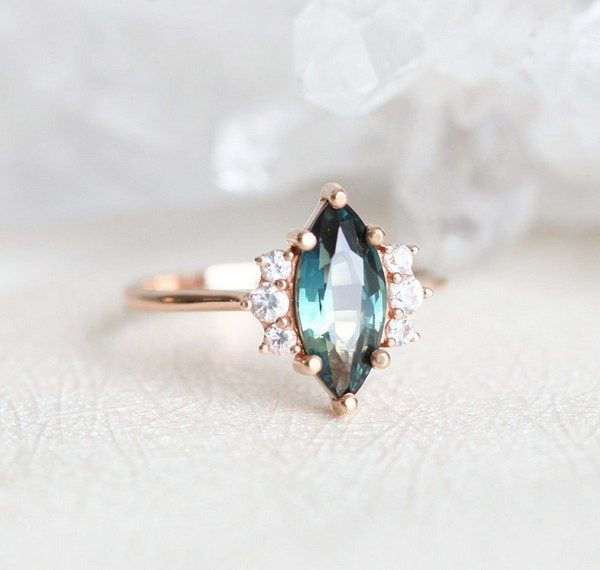 Green Blue Sapphire Engagement Ring with diamonds in 18k rose gold