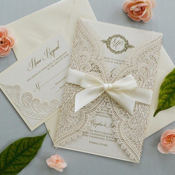 Ivory Laser Cut Wedding Invitation with Ivory Shimmer Insert and Ivory Ribbon Bow