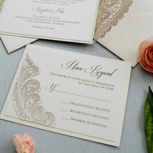 Ivory Laser Cut Wedding Invitation with Ivory Shimmer Insert and Ivory Ribbon Bow