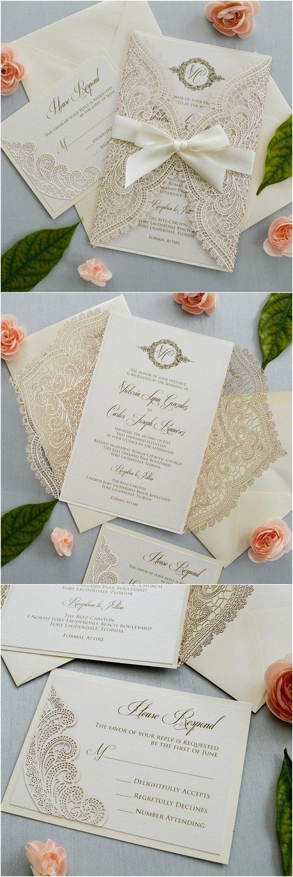 Ivory Laser Cut Wedding Invitation with Ivory Shimmer Insert and Ivory Ribbon Bow