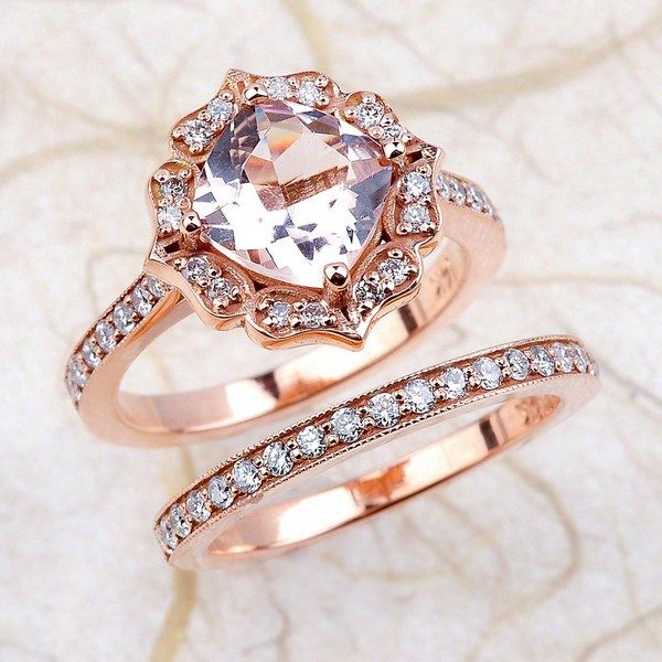 Morganite Halo Rose Gold Bridal Engagement Ring Set