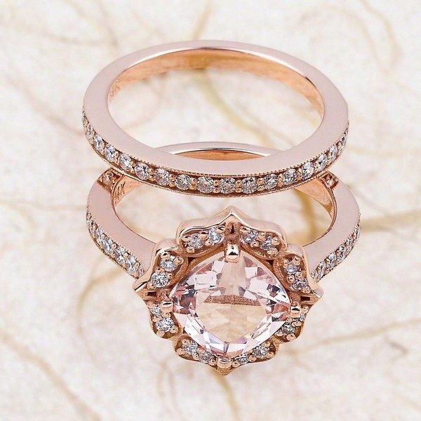 Morganite Halo Rose Gold Bridal Engagement Ring Set