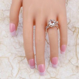 Morganite Halo Rose Gold Bridal Engagement Ring Set