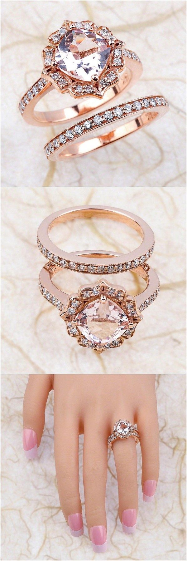 Morganite Halo Rose Gold Bridal Engagement Ring Set