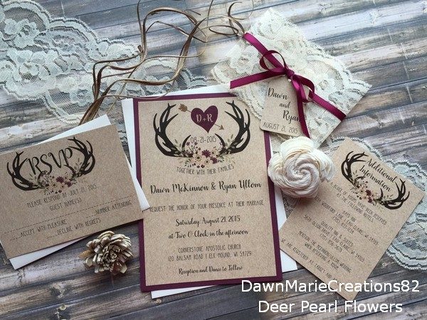 Rustic Country Burgundy Antler Wedding Invitations