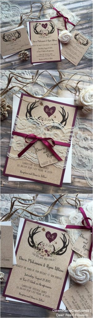 Rustic Country Burgundy Antler Wedding Invitations