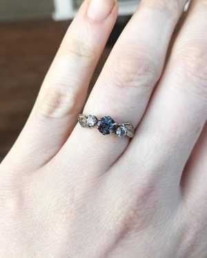 Three stone twig leaf engagement ring