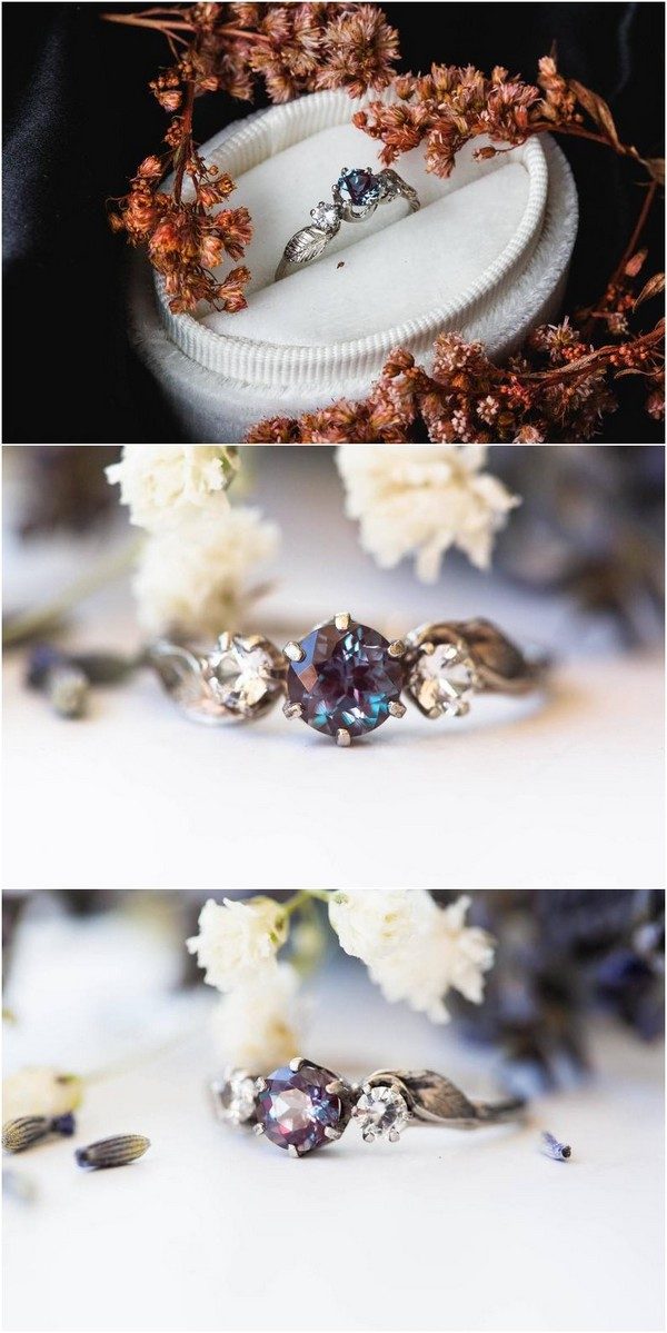 Three stone twig leaf engagement ring