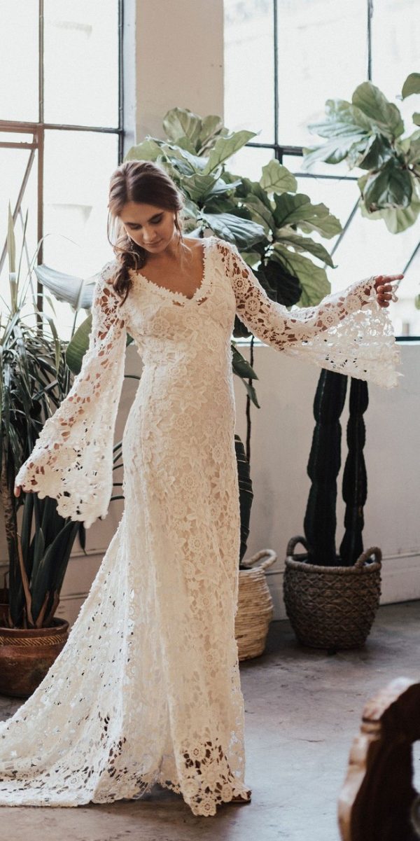 Bell Sleeve Lace Bohemian Wedding Dress with Train