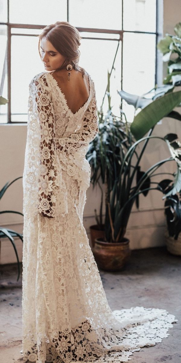 Bell Sleeve Lace Bohemian Wedding Dress with Train