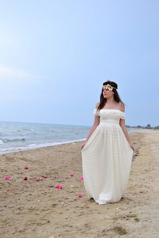 Bohemian handcrafted Grecian-inspired lace beach wedding dress