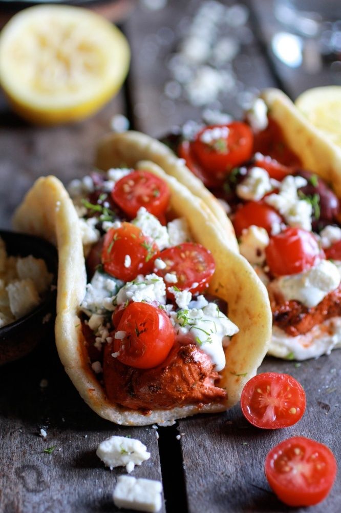 Greek Salmon Souvlaki Gyros with Tzatziki