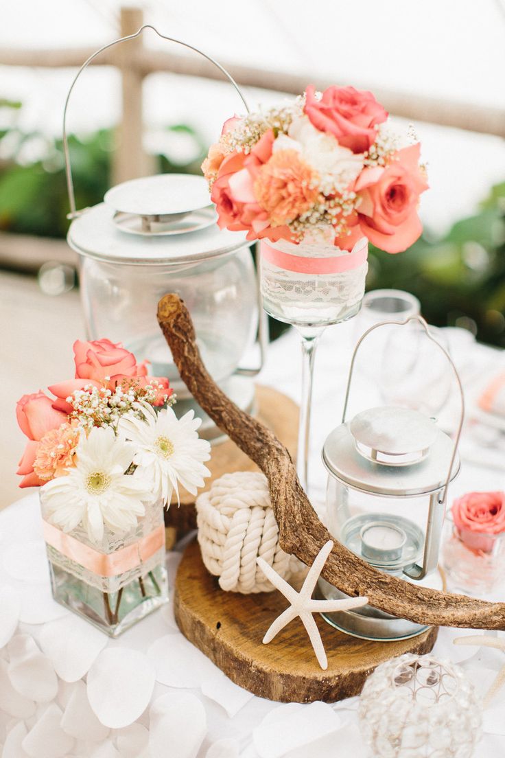 Rustic Coral Pink Roses Wedding Centerpieces for Beach Wedding