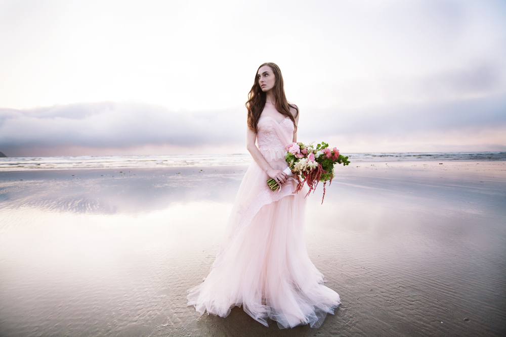 blush strapless tulle wedding dress