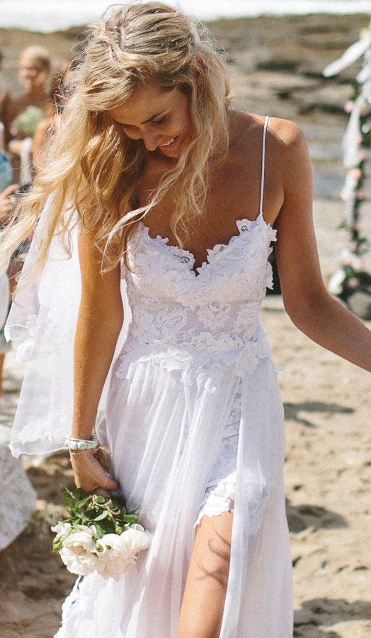 boho beach lace wedding dress with spaghetti straps.