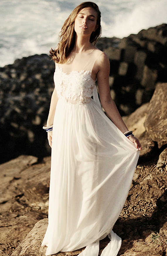 lace beach wedding dress with semi-sheer back