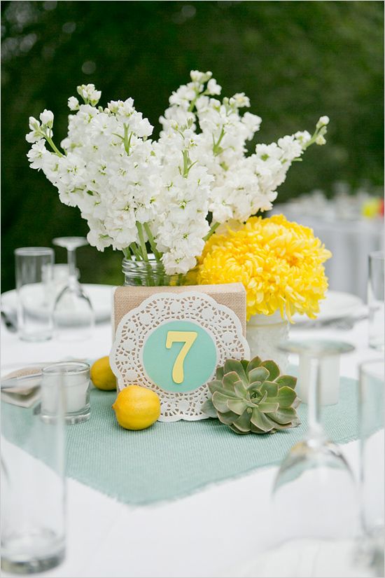 mint anf yellow doily succlent and burlap centerpiece