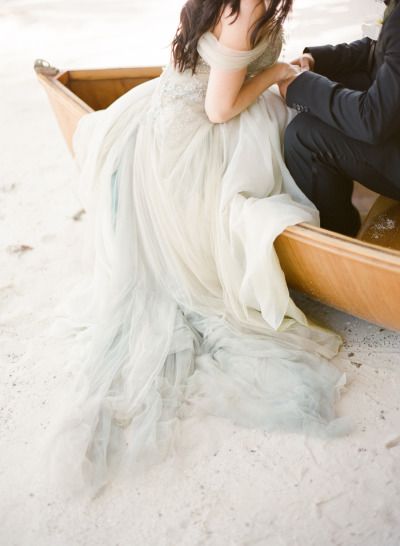 off shoulder ombre grey tulle beach bridal dress