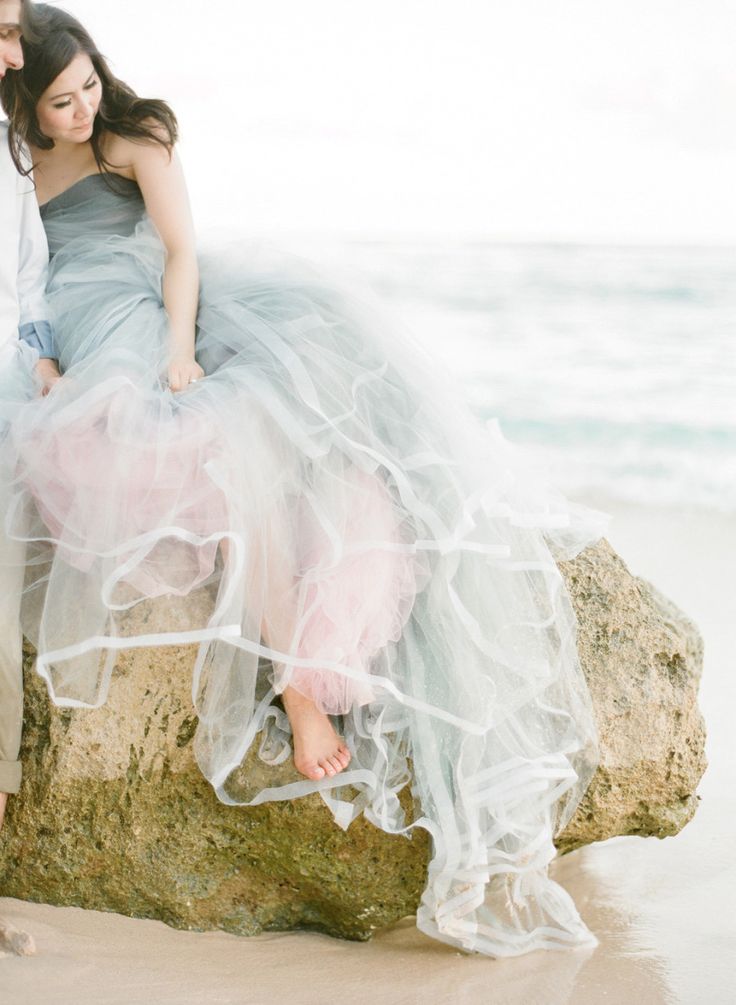 ombre dusty blue tulle beach wedding gown