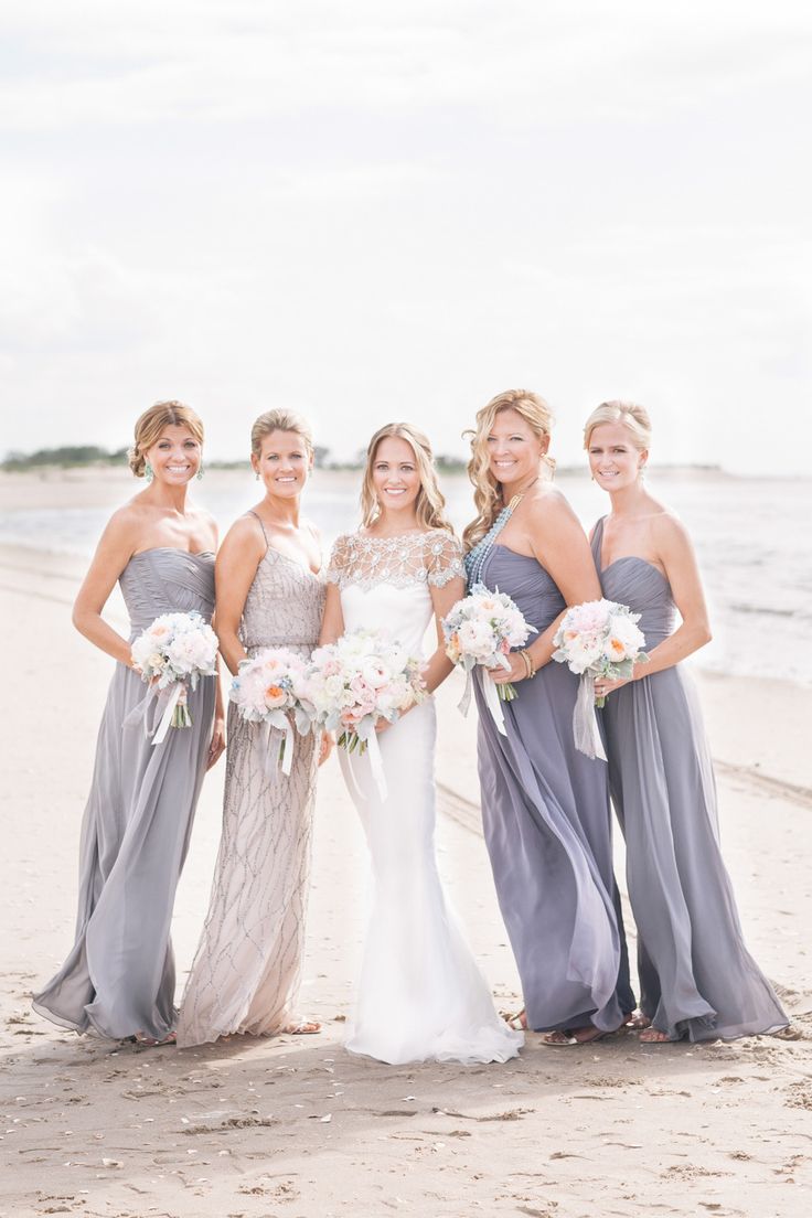 sequined beach wedding dress anf grey bridesmaid dresses