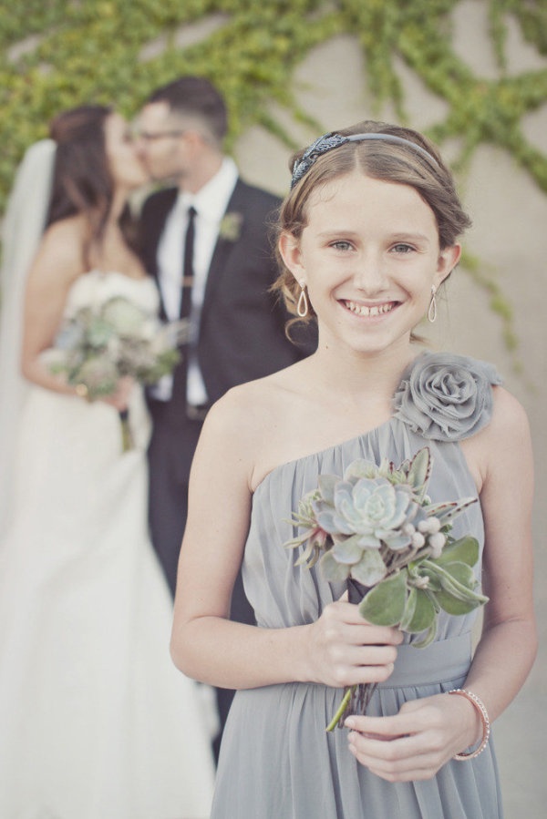 sweet Jr. Bridesmaid dress and succlent bouquetr