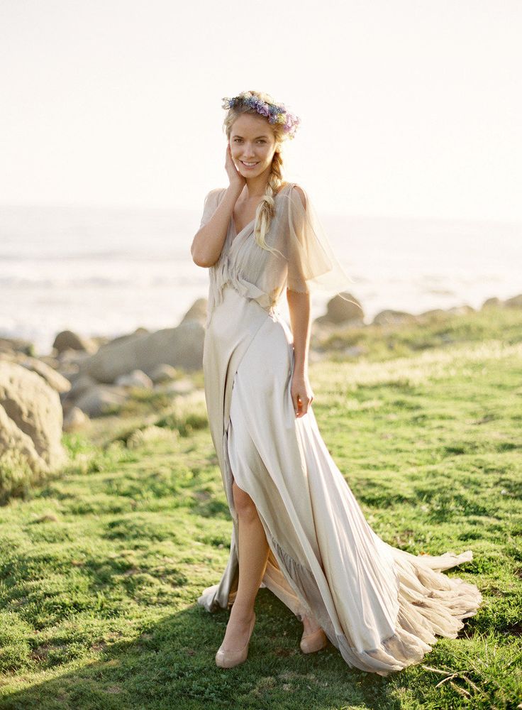 v neack silver boho wedding dress