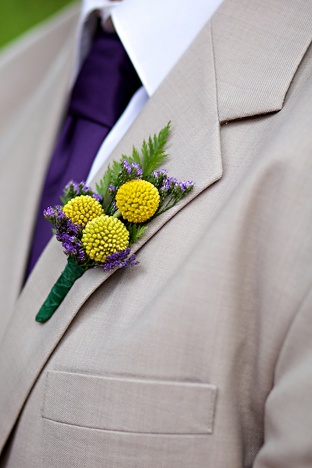 purple and yellow billy balls boutonnieres