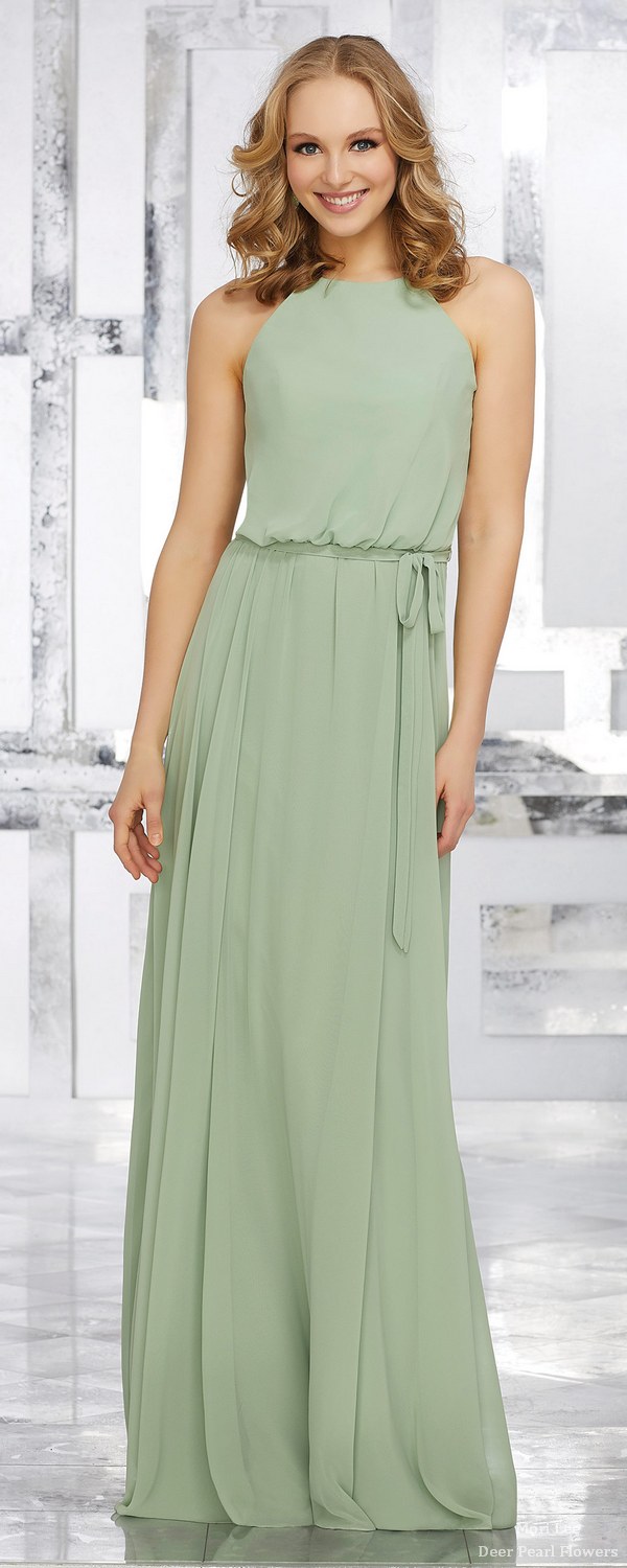 Boho Halter Chiffon Bridesmaids Dress with Matching Chiffon Tie Sash