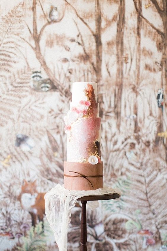 Brown and pink wedding cake