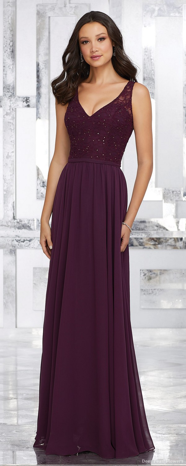 Chiffon Bridesmaids Dress with Beaded Lace Bodice and Keyhole Back