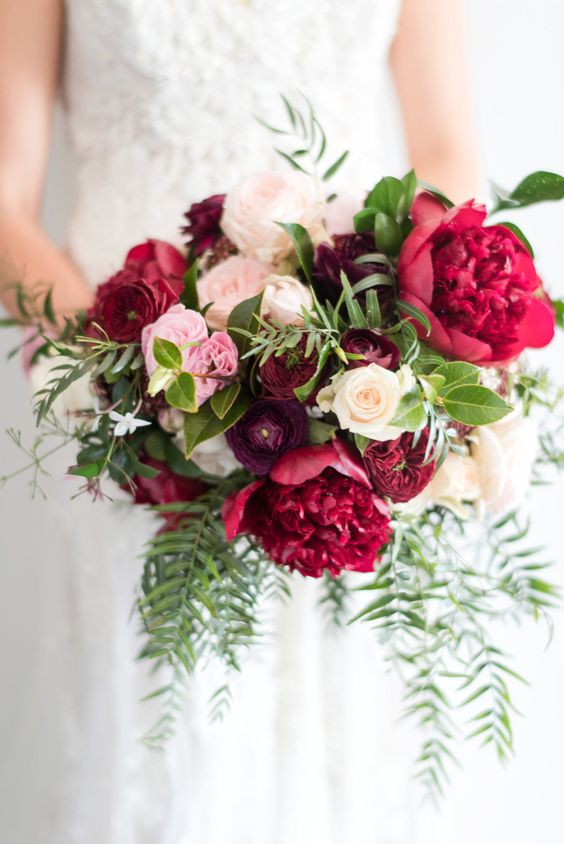 Crimson and violet wedding bouquet