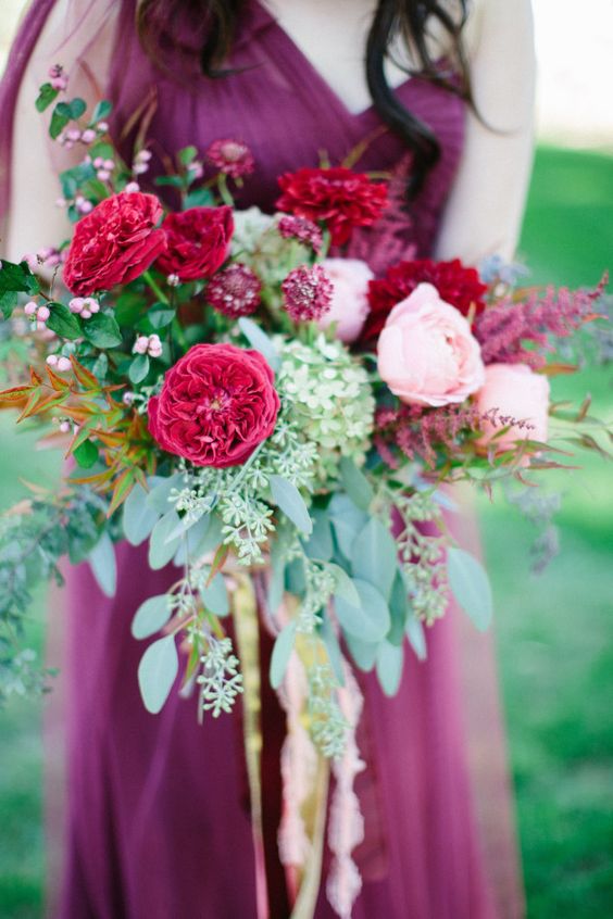 Garden rose, hydrangea and eucalyptus wedding bouquet