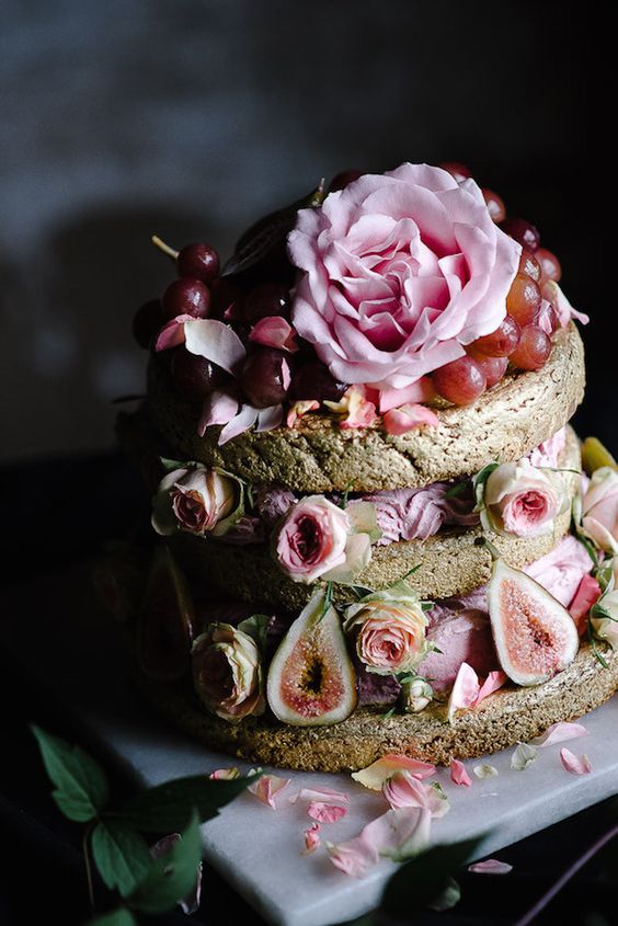 Naked Wedding Cake with Pink Flowers