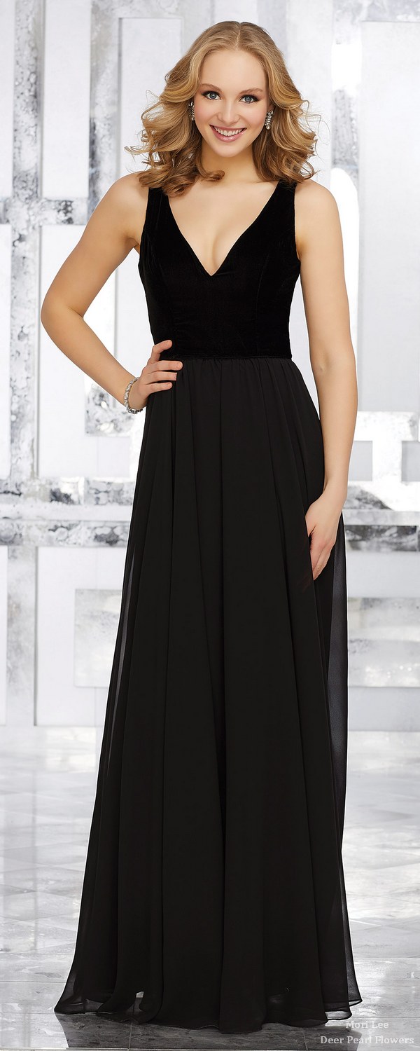 Stretch Velvet and Chiffon Bridesmaids Dress with V-Neckline