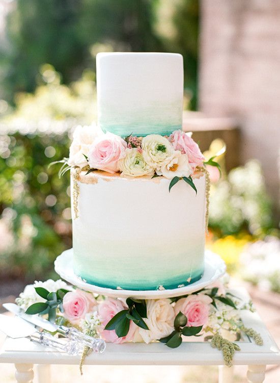 teal and gold watercolor wedding cake