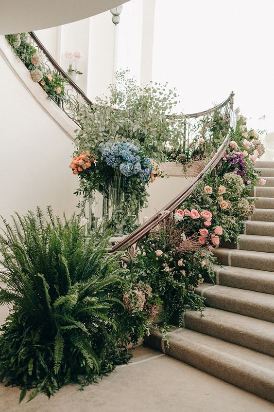 wedding flowers on stairs