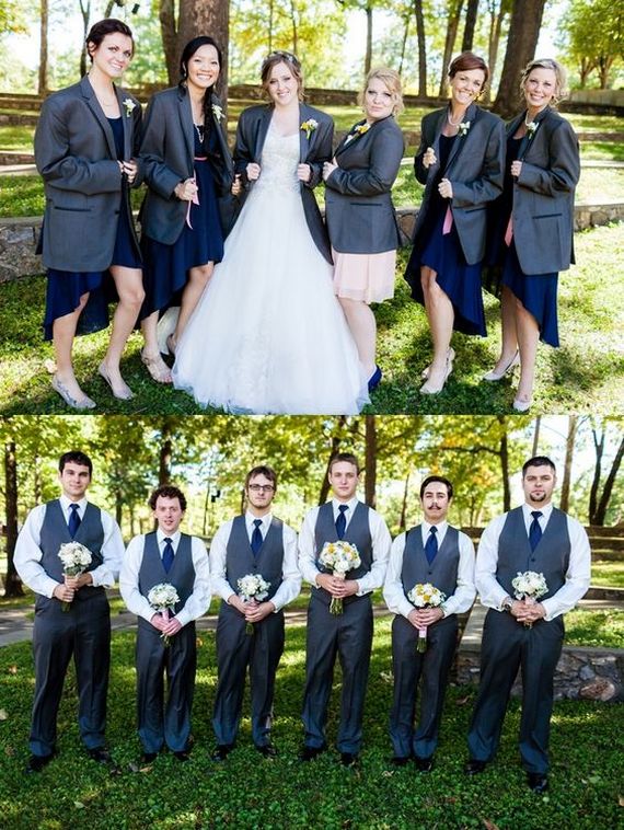 Funny wedding party photo ideas with bridesmaids and groomsmen