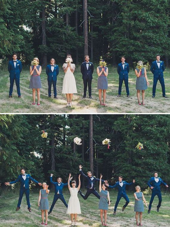 Funny wedding party photo ideas with bridesmaids and groomsmen