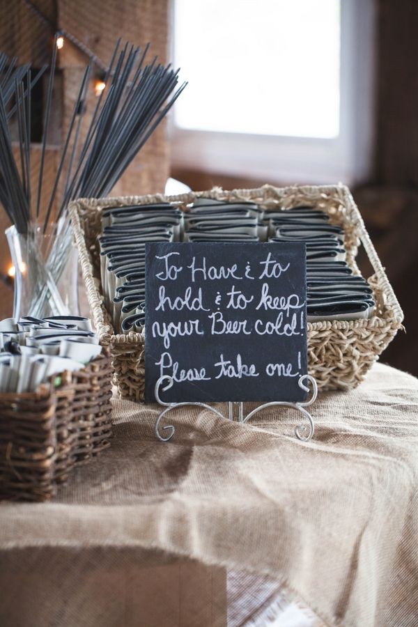 Koozie wedding favor sign and sparkler wedding display