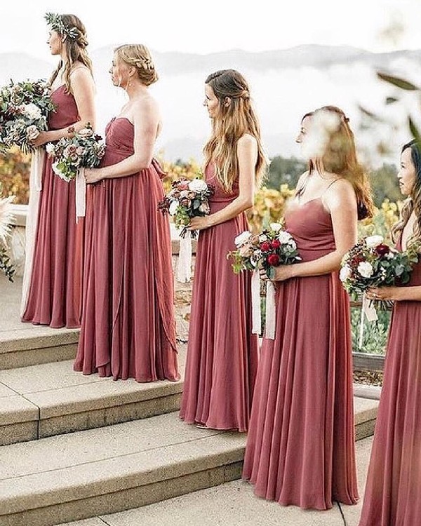 Cinnamon Rose long strapless bridesmaid dresses